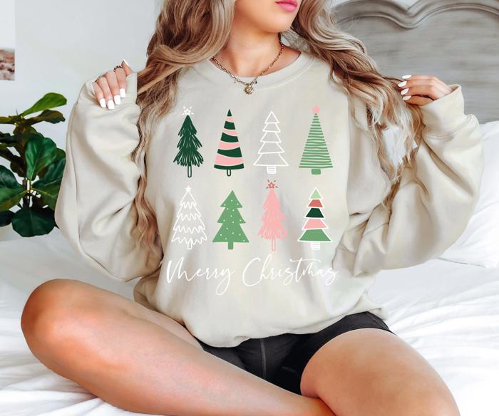 Boho Trees Christmas Sweatshirt, Vintage Christmas Shirts for Women, Christmas Matching Sweatshirt, Family Shirt, Christmas Sweater