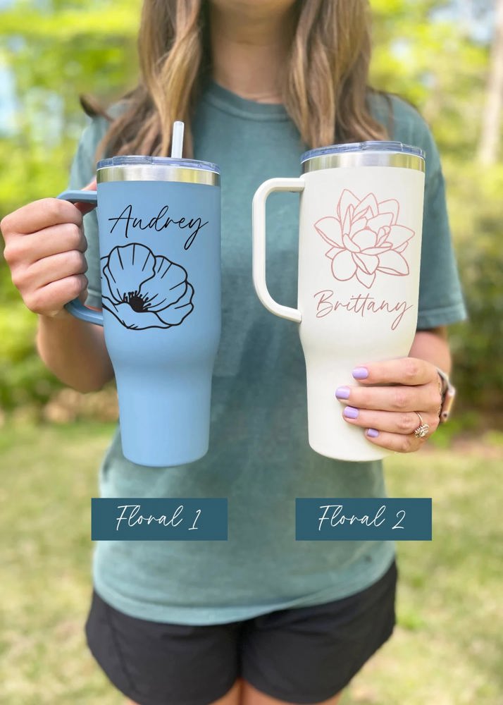 Personalized 40 oz Tumbler with Handle & Straw MAARS Birth Flower Tumbler Gift for Women Insulated Stainless, Bridesmaid Gift for Mom