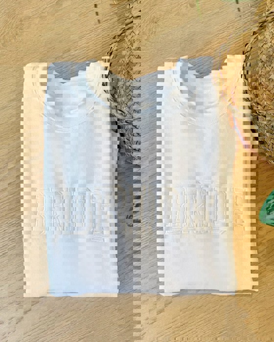 Embroidered Bride Sweatshirt Crewneck, Personalized with Name and Wedding Date on Sleeve Sweater, Bridal Shower Gifts, Engagement Gift