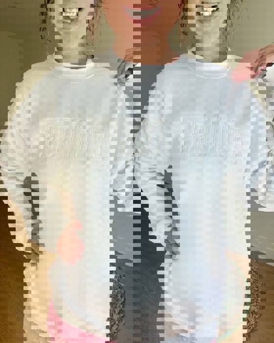 Embroidered Bride Sweatshirt Crewneck, Personalized with Name and Wedding Date on Sleeve Sweater, Bridal Shower Gifts, Engagement Gift