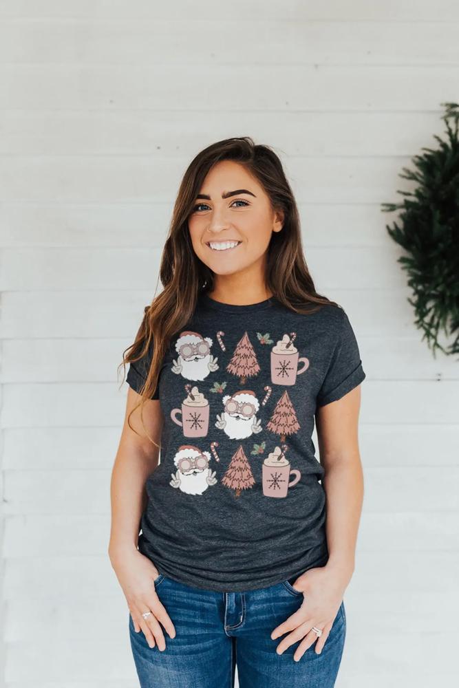 Retro Santa Christmas Shirt, Bella Canvas Shirt, Christmas Trees Graphic Tees, Holly Jolly Christmas Shirts for Women, Classic Christmas