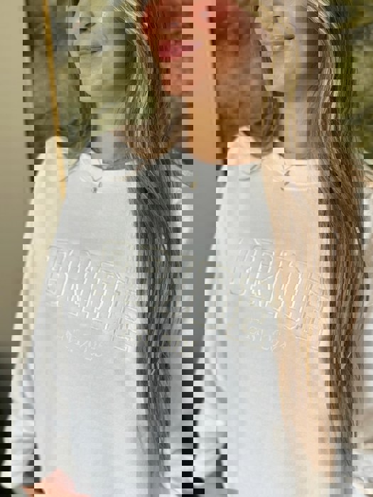 Embroidered Bride Sweatshirt Crewneck, Personalized with Name and Wedding Date on Sleeve Sweater, Bridal Shower Gifts, Engagement Gift