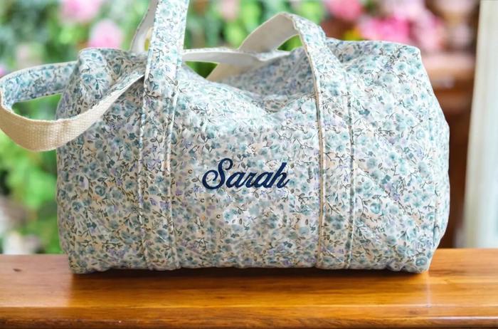 Embroidered Blue Quilted Tote Bag, Monogrammed Blue Duffle Bag Floral, Bridesmaid Gift, Bridal Party Bag, Overnight Bag with Zipper, Gift for Her