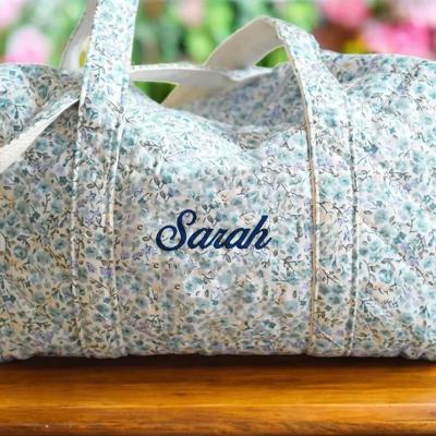 Embroidered Blue Quilted Tote Bag, Monogrammed Blue Duffle Bag Floral, Bridesmaid Gift, Bridal Party Bag, Overnight Bag with Zipper, Gift for Her