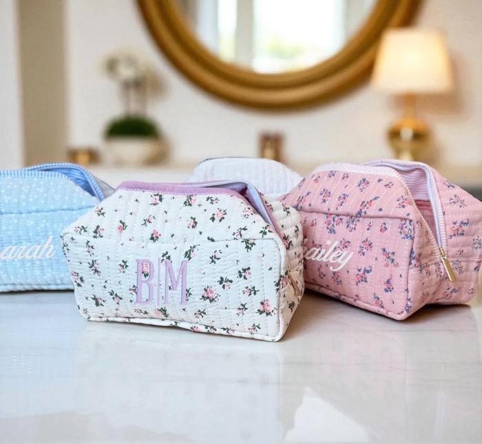 Personalized Block Pattern Floral Makeup Bag Embroidered Custom Gift Bridesmaid Gifts Quilted Toiletry Pouch Travel Cosmetic Case Gift