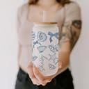 Shell Bow (Clear Cup) Personalized Iced Coffee Cup Floral Retro, Custom Can Glass with Lid and Straw, Bridesmaid Gift, Bachelorette Glass Cup, Bridesmaid Proposal