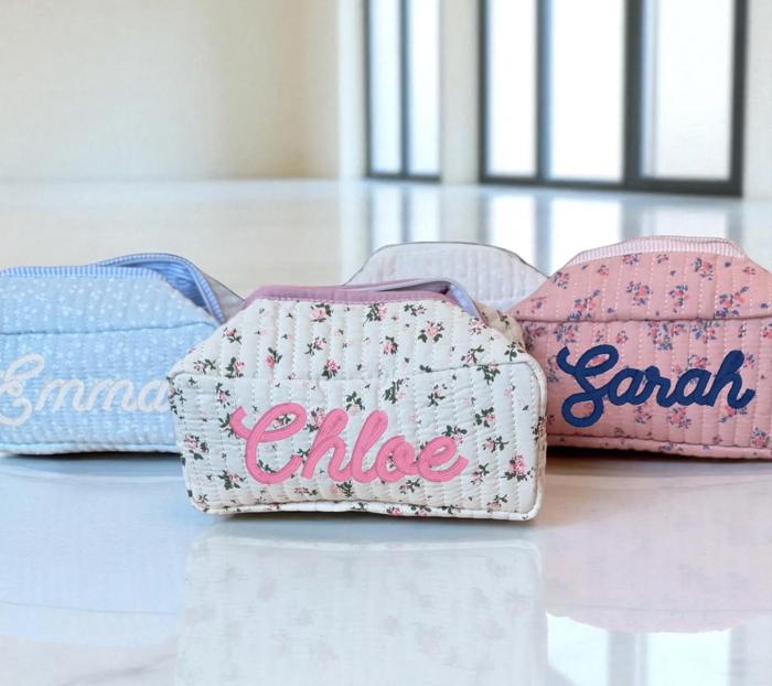 Embroidered Makeup Bag, Bridesmaid Gifts, Quilted Cosmetic Bag Pouch, Personalized Gift, Custom Make Up Bag, Baby Toiletry Bag Diaper Bag