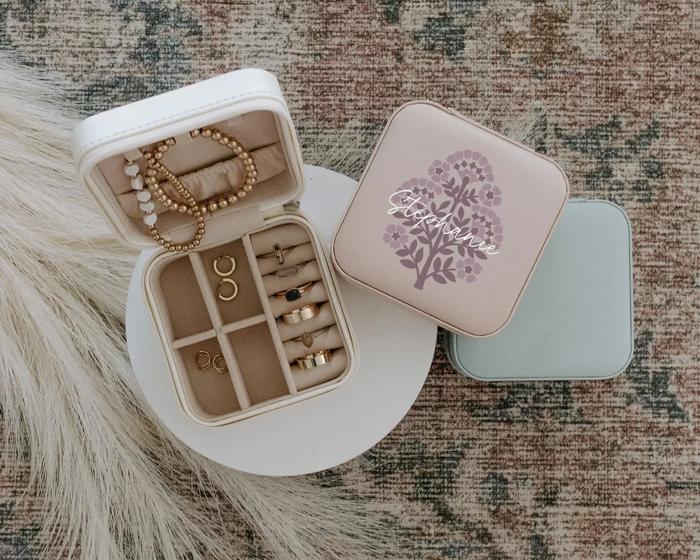 Block Print Jewelry Travel Case with Name Personalized Bridesmaid Gift, Custom Jewelry Box for Women, Bridesmaid Proposal Wedding Party Gift