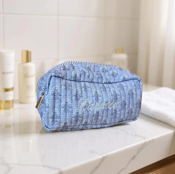 Embroidered Makeup Bag, Bridesmaid Gifts, Quilted Cosmetic Bag Pouch, Personalized Gift, Custom Make Up Bag, Baby Toiletry Bag Diaper Bag