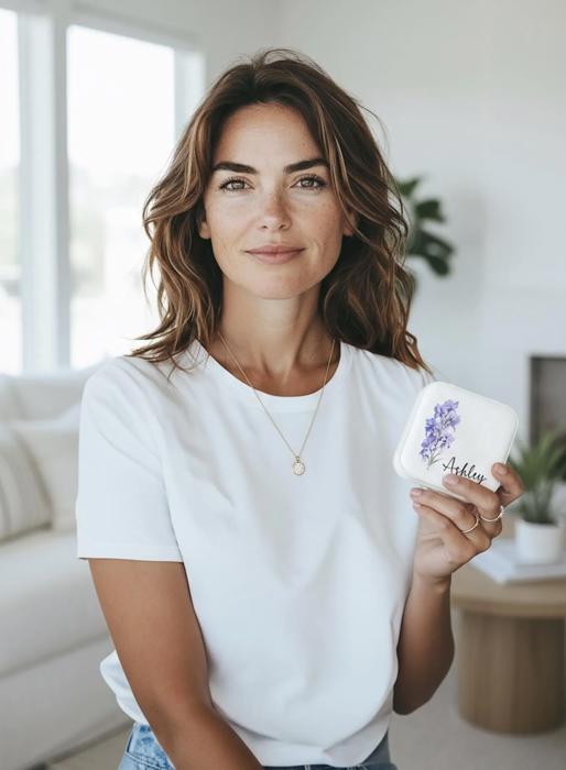 Birth Flower Jewelry Travel Case, Bridesmaid Gift, Personalized Birthday Gift, Pu Leather Jewelry Travel Case, Custom Jewelry Case