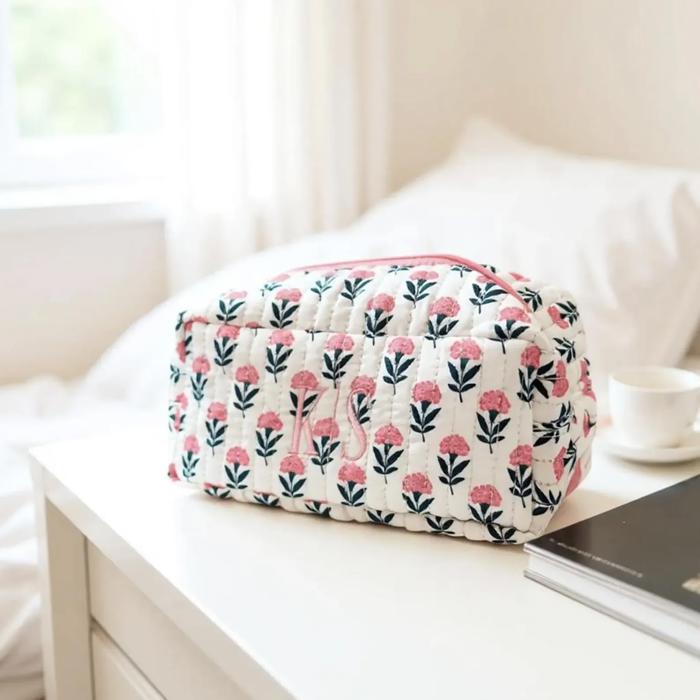 Embroidered Makeup Bag, Bridesmaid Gifts, Quilted Cosmetic Bag Pouch, Personalized Gift, Custom Make Up Bag, Baby Toiletry Bag Diaper Bag