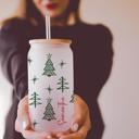 Christmas Tree (Clear Cup) Personalized Iced Coffee Cup Floral Retro, Custom Can Glass with Lid and Straw, Bridesmaid Gift, Bachelorette Glass Cup, Bridesmaid Proposal