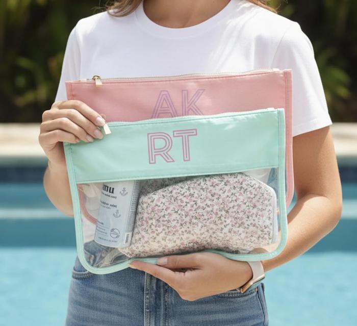 Embroidered Shadow Monogram Pool Bag Custom Toiletry Bag, Nylon Clear Pouch, Bachelorette Party Beach Zipper Bag for Sunscreen Bikini Snack