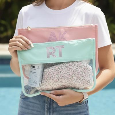 Embroidered Shadow Monogram Pool Bag Custom Toiletry Bag, Nylon Clear Pouch, Bachelorette Party Beach Zipper Bag for Sunscreen Bikini Snack
