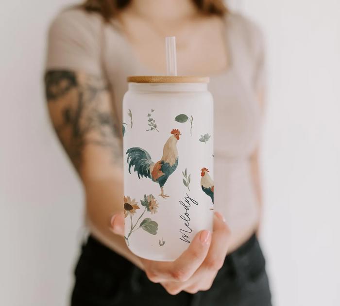 Personalized Iced Coffee Cup with Straw, Spring Tumbler with Bunnies Bees Chickens Lemons, Garden Floral Cup, Easter Gift for Her