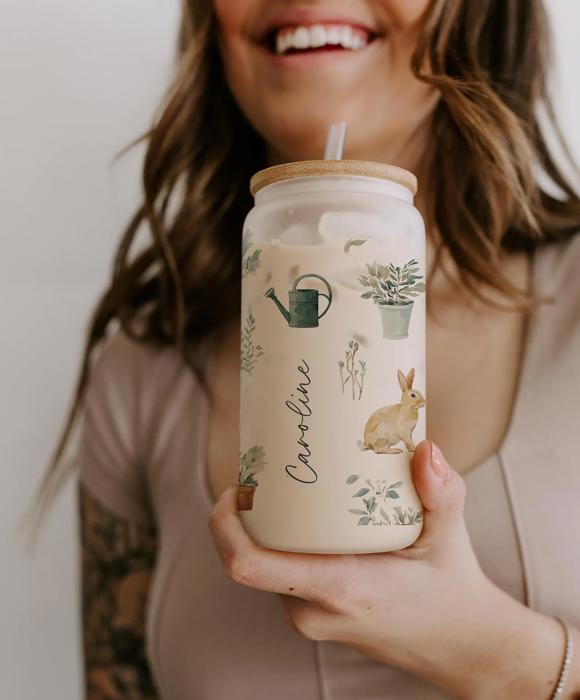 Personalized Iced Coffee Cup with Straw, Spring Tumbler with Bunnies Bees Chickens Lemons, Garden Floral Cup, Easter Gift for Her