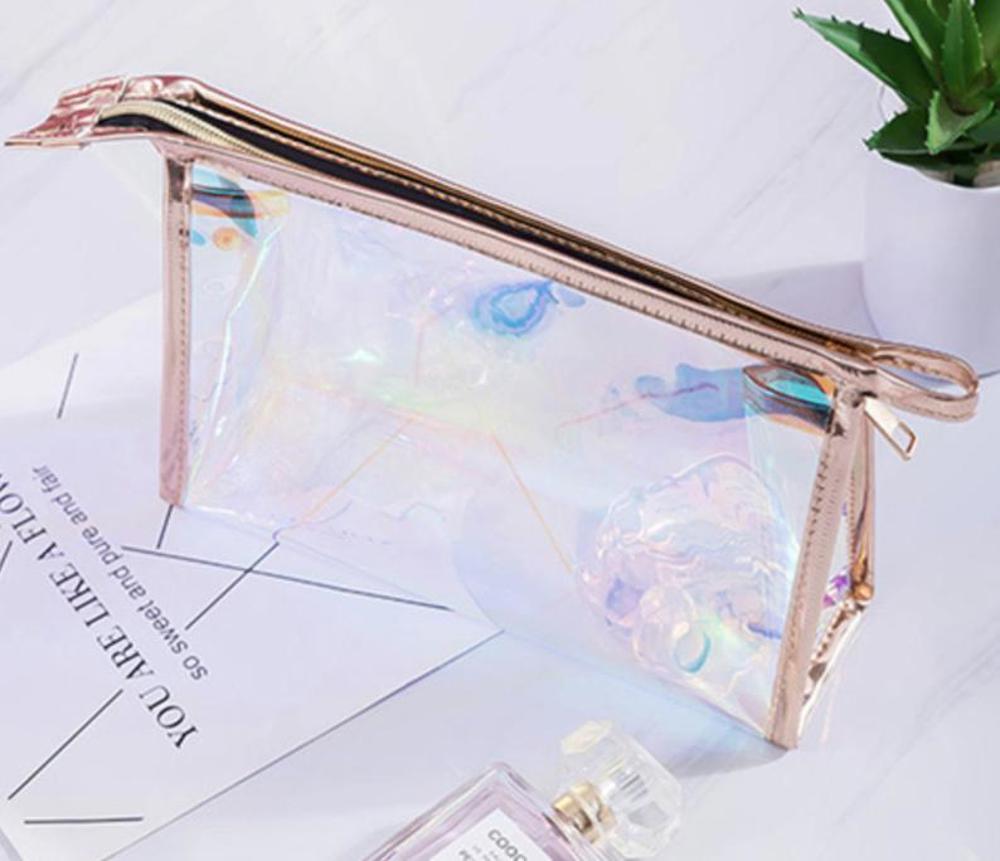  Bridesmaid Holographic Makeup Bags, Gold Cosmetic Bag, Rose Gold Bridesmaid Bag, Clear Personalized Makeup Bag