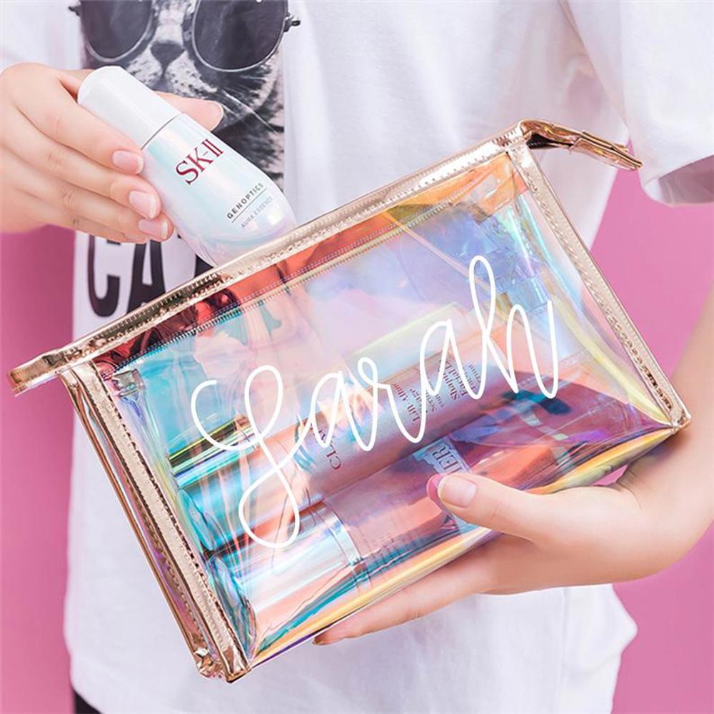  Bridesmaid Holographic Makeup Bags, Gold Cosmetic Bag, Rose Gold Bridesmaid Bag, Clear Personalized Makeup Bag