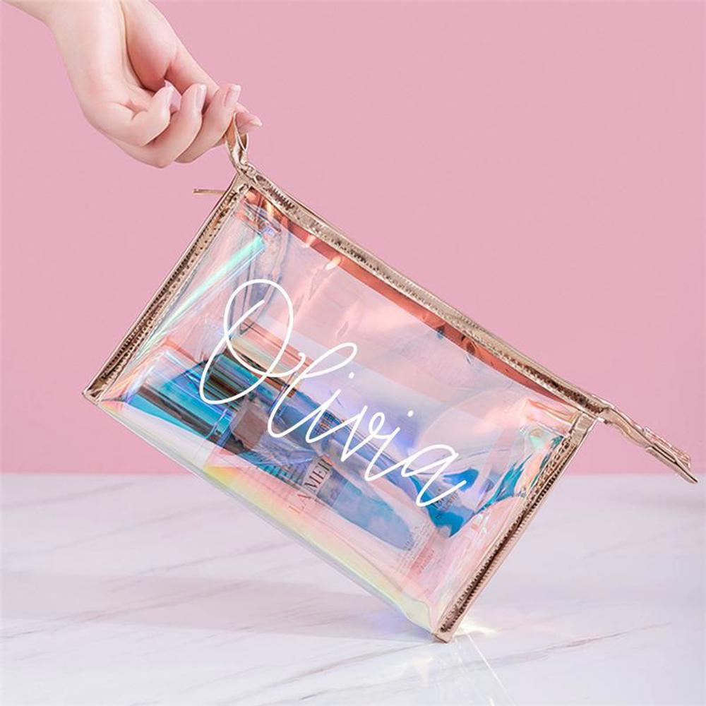  Bridesmaid Holographic Makeup Bags, Gold Cosmetic Bag, Rose Gold Bridesmaid Bag, Clear Personalized Makeup Bag