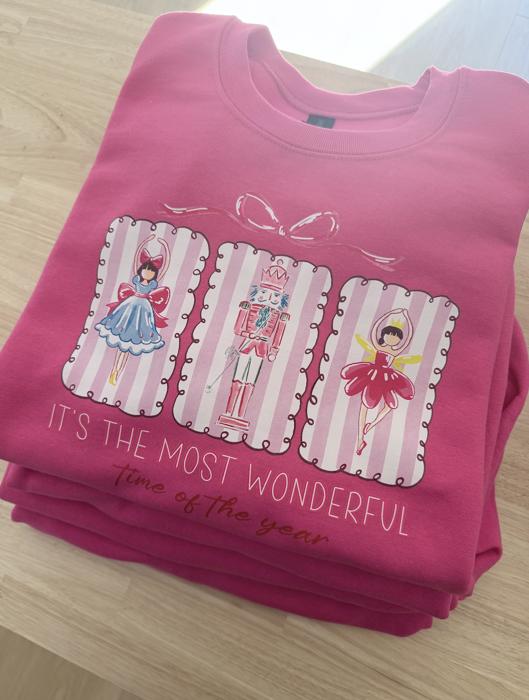 It’s The Most Wonderful Time of The Year Pink Christmas Sweatshirt, Nutcracker Ballet Graphic Sweatshirt for Women, Cute Holiday Crewneck, Cozy Festive Winter Pullover