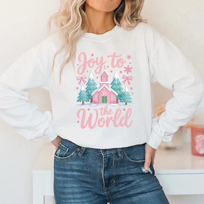 Joy To The World Pink Christmas Sweatshirt, Cozy Holiday Crewneck, Christian Christmas Sweater, Cute Pink Holiday Pullover, Comfort Winter Outfit