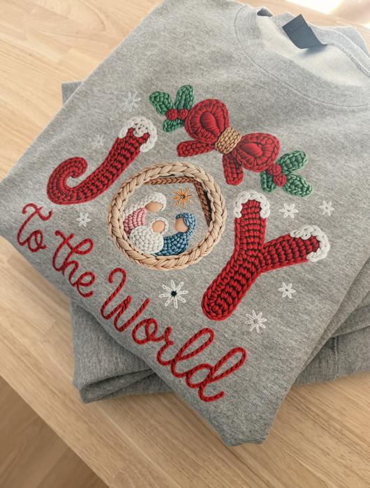 Joy to the World Sweatshirt, 3D Knit Effect Christmas Sweater, Cozy Holiday Jesus Birth Graphic Sweatshirt, Christian Christmas Crewneck