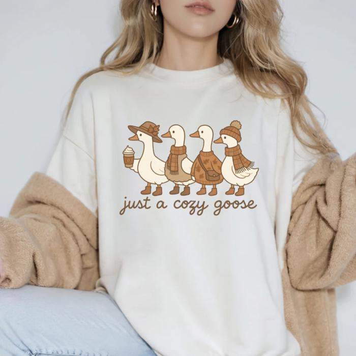 Just a Cozy Goose Fall Graphic Tee, Neutral Autumn Goose Shirt with Pumpkins and Flowers, Cute Fall Comfort Colors T-Shirt for Women