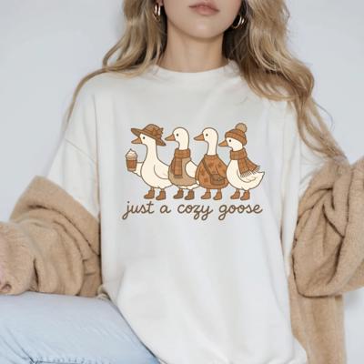 Just a Cozy Goose Fall Graphic Tee, Neutral Autumn Goose Shirt with Pumpkins and Flowers, Cute Fall Comfort Colors T-Shirt for Women