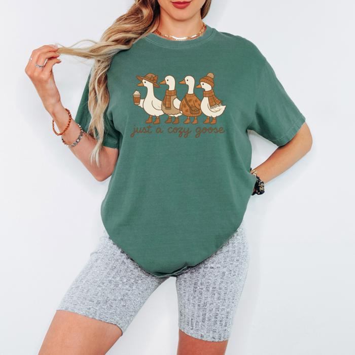 Just a Cozy Goose Fall Graphic Tee, Neutral Autumn Goose Shirt with Pumpkins and Flowers, Cute Fall Comfort Colors T-Shirt for Women