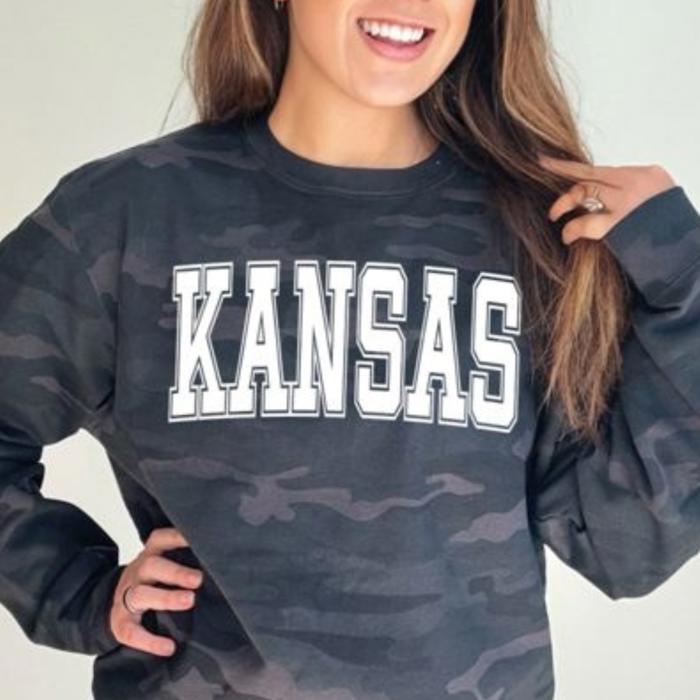 Custom Camo Sweatshirt, Personalized Varsity Letter Crewneck Pullover, Game Day Spirit Wear, Custom State Team or Mascot Sweater