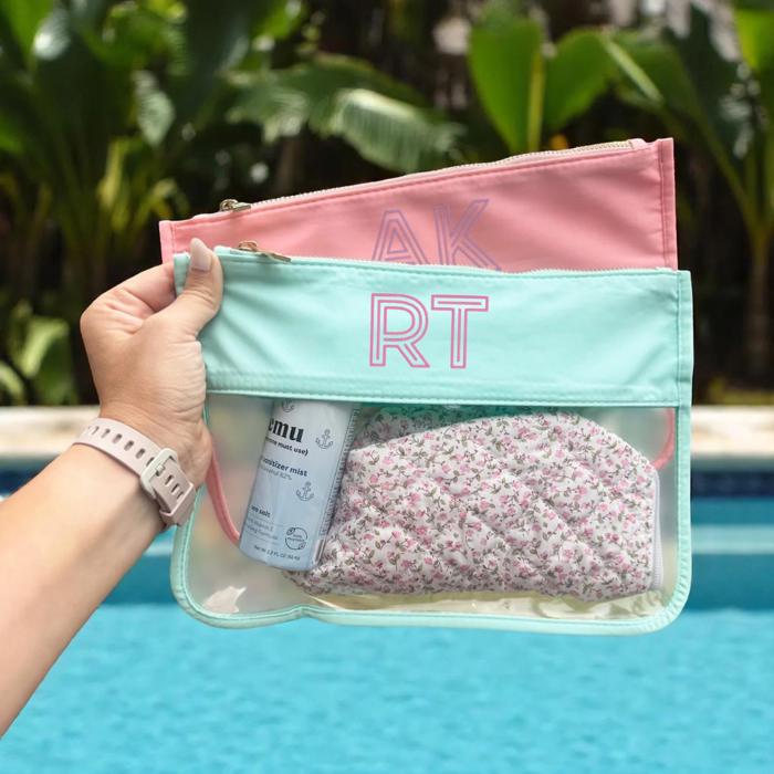 Embroidered Shadow Monogram Pool Bag Custom Toiletry Bag, Nylon Clear Pouch, Bachelorette Party Beach Zipper Bag for Sunscreen Bikini Snack