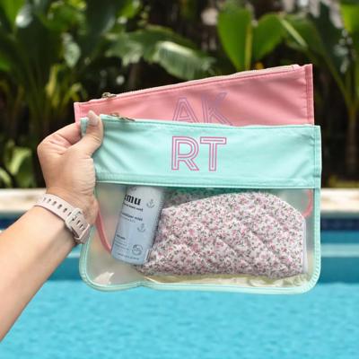 Embroidered Shadow Monogram Pool Bag Custom Toiletry Bag, Nylon Clear Pouch, Bachelorette Party Beach Zipper Bag for Sunscreen Bikini Snack