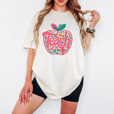 Teach Apple Graphic Tee for Women, Retro Floral Teacher Comfort Color Tee, Back to School Teacher Gift, Teacher Appreciation T-Shirt