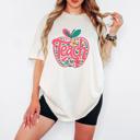  Teach Apple Graphic Tee for Women, Retro Floral Teacher Comfort Color Tee, Back to School Teacher Gift, Teacher Appreciation T-Shirt
