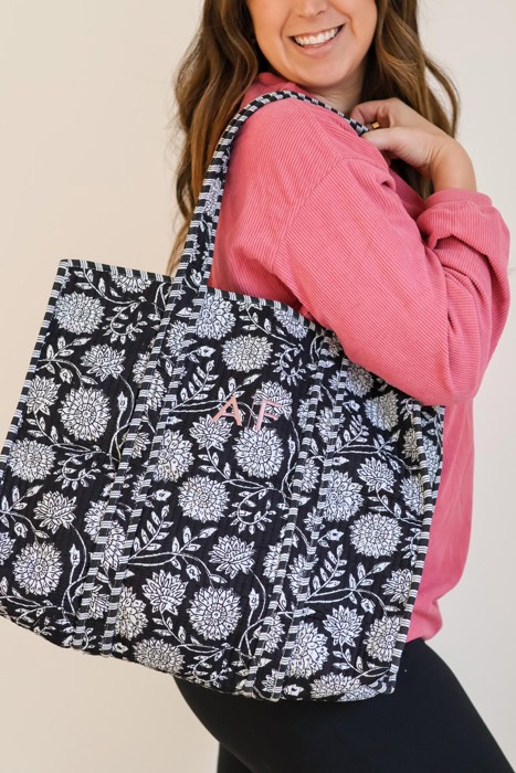 Embroidered Cotton Quilted Bag, Block Print Tote Bag for Women, Boho Travel Bag, Handmade Shoulder Purse, Large Floral Weekender, Bridesmaid