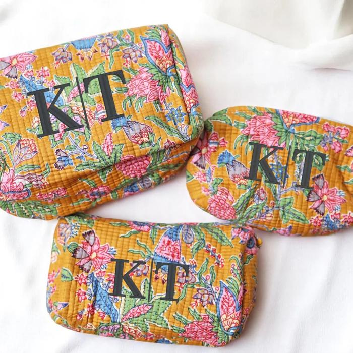 Personalized Block Pattern Floral Makeup Bag, Custom Gift Bridesmaid Gifts Embroidered Quilted Toiletry Pouch, Travel Cosmetic Case Gift