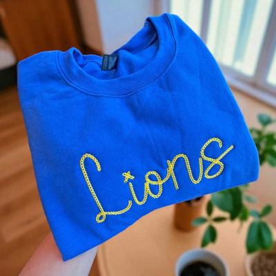 Lions Embroidered Sweatshirt, Chain Stitch Script Pullover Sweatshirt, Personalized Team Spirit Shirt for Game Days, School Events & Sports Fans