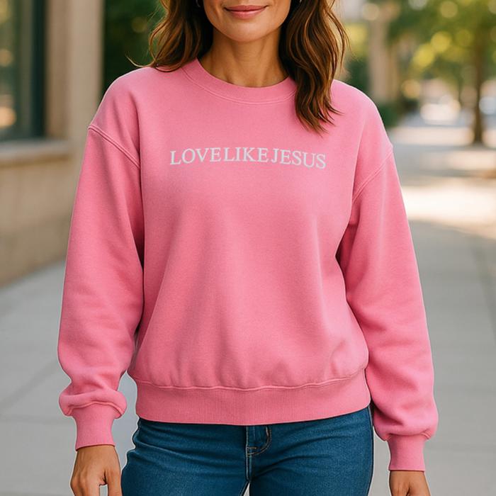 Love Like Jesus Christian Sweatshirt for Women, Pink and Grey Crewneck Faith-Based Pullover, Inspirational Bible Verse Gift, Cute Jesus Lover Apparel