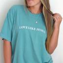 Small Light Green Embroidered Love Like Jesus Christian T-Shirts for Women Faith Religious Gift Short Sleeve Tops Comfort Colors Graphic Tee Cotton