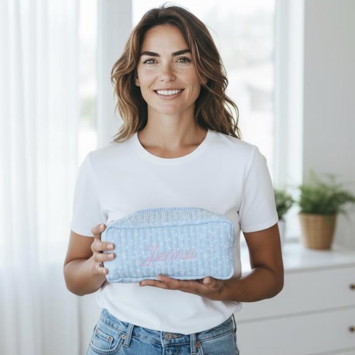 Embroidered Makeup Bag, Bridesmaid Gifts, Quilted Cosmetic Bag Pouch, Personalized Gift, Custom Make Up Bag, Baby Toiletry Bag Diaper Bag