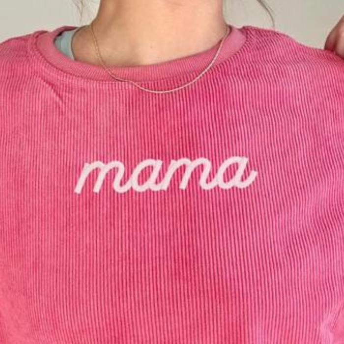 Embroidered Mama Corded Sweatshirt Crewneck Oversized, Mom to Be Gift, Sleeve Text, Personalized Gifts, Trendy Crewnecks for Women Mom Gifts