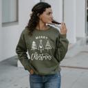  Merry Christmas Three Trees Sweatshirt, Cozy Holiday Crewneck for Women, Minimalist Tree Design Christmas Sweater