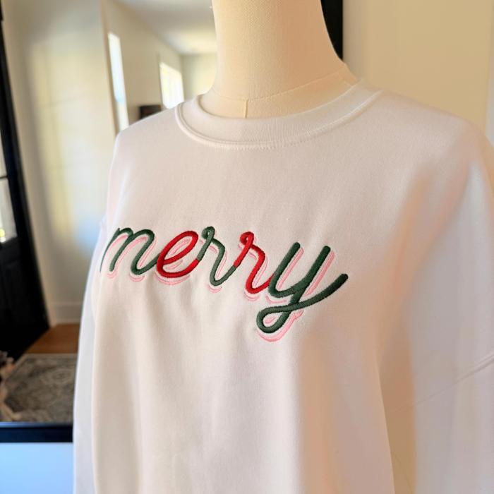 Merry Embroidered Christmas Sweatshirt, Minimal Holiday Crewneck, Red and Green Stitch Embroidery Sweater, Cozy Christmas Gift for Her