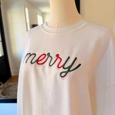 Merry Embroidered Christmas Sweatshirt, Minimal Holiday Crewneck, Red and Green Stitch Embroidery Sweater, Cozy Christmas Gift for Her