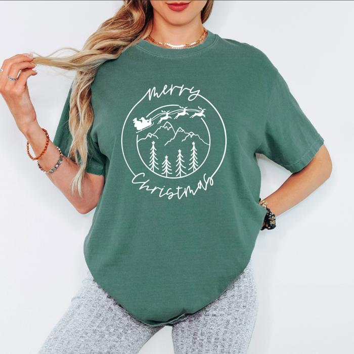 Merry Christmas White Santa Sleigh Comfort Colors Graphic Tee, Mountain Scene Shirt, Rustic Holiday T-Shirt for Women, Cozy Winter Outfit