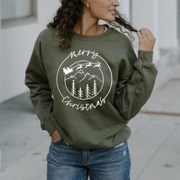 Merry Christmas White Santa Sleigh Sweatshirt, Mountain Scene Sweatshirt, Rustic Holiday Sweatshirt for Women, Cozy Winter Outfit