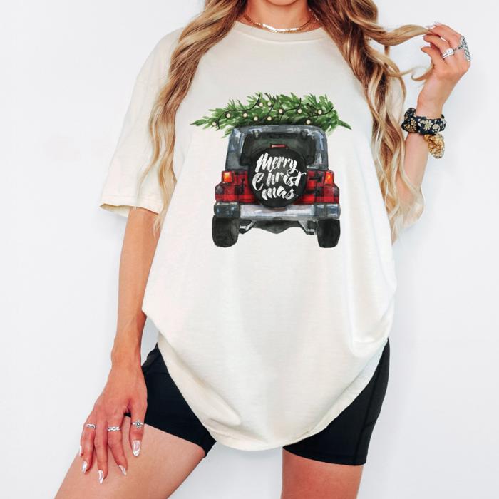 Merry Christmas Truck Comfort Colors Tee, Vintage Red Plaid Truck Christmas Shirt, Cozy Holiday T-Shirt for Women, Christmas Tree Graphic Tee, Winter Outfit