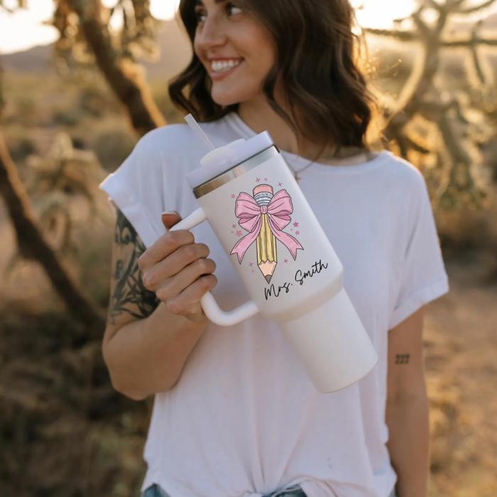 Teacher Personalized Tumbler with Handle, 40 oz Tumbler with Straw, Teacher Appreciation Gift, Teacher Thank You Travel Mug Teacher Cup