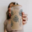  Personalized Block Print Glass Cup Bamboo Lid and Straw – Custom Name Iced Coffee Glass, Bridesmaid Gift Proposal, Reusable Glass Tumbler