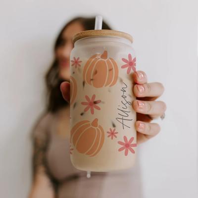 Fall Glass Cups with Lid and Straw, Iced Coffee Cup, Custom Glass Tumbler, Pumpkin Spiced Latte Cup, Drink Barware, Personalized Gift
